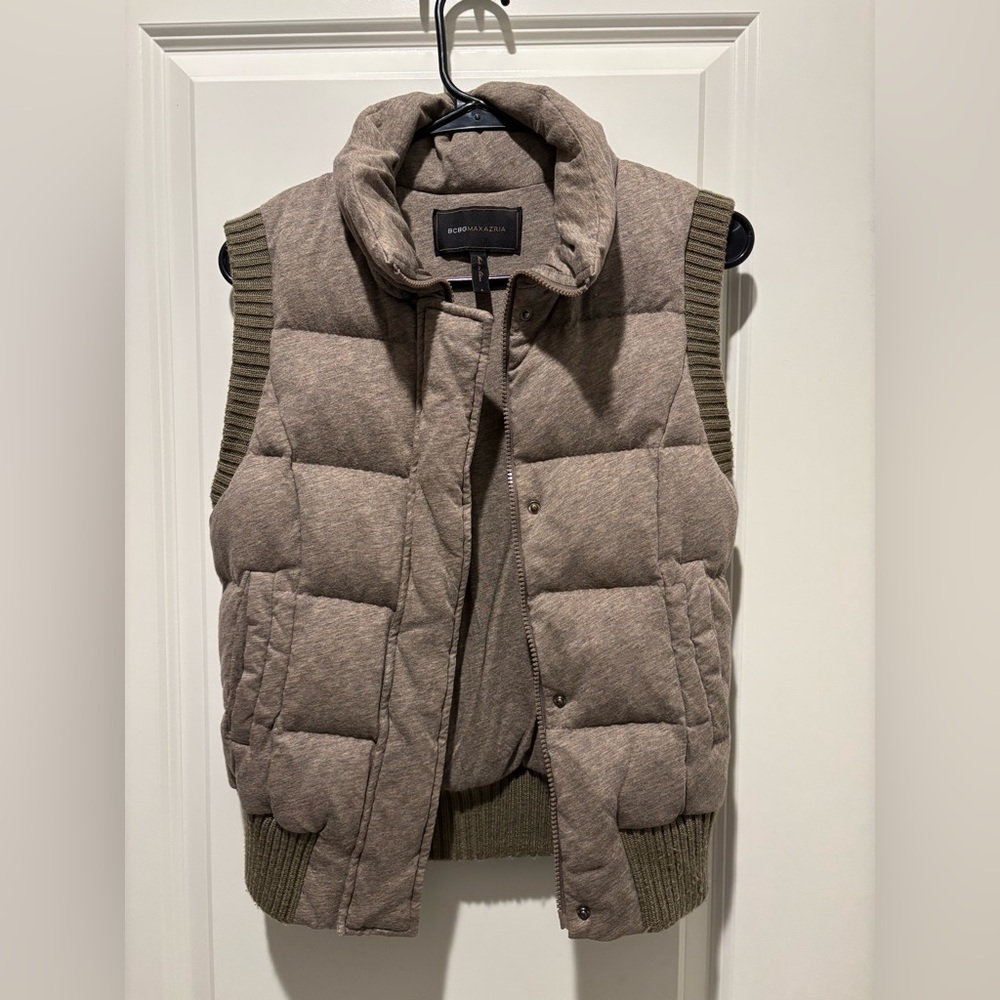 BCBGMaxAzria Taupe and Olive Quilted Puffer Vest